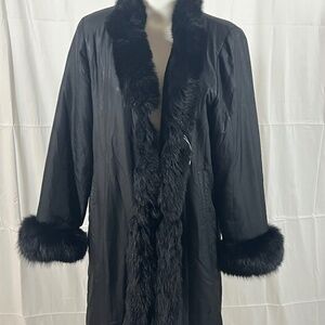 Black Rabbit Trimmed Fur Coat